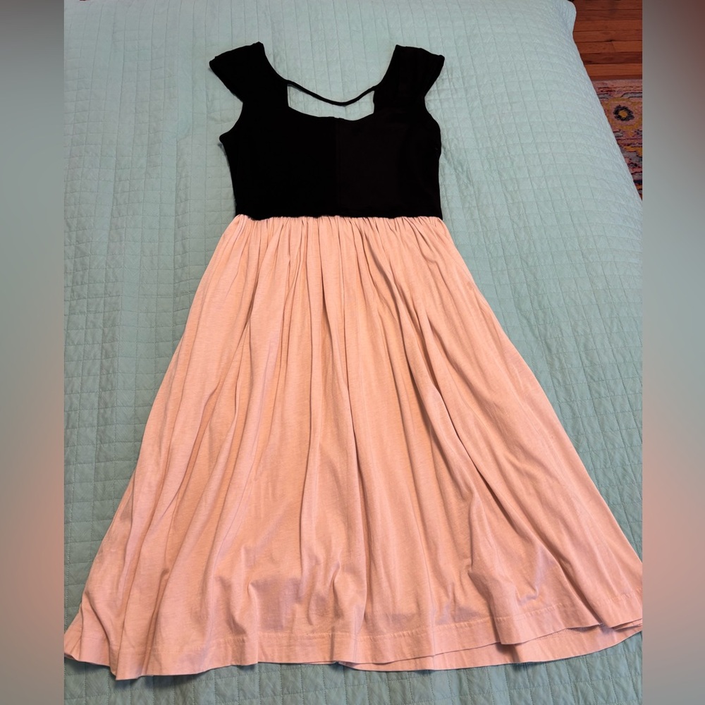 Tse Scoop Neck Black and Tan Cap Sleeve Dress
